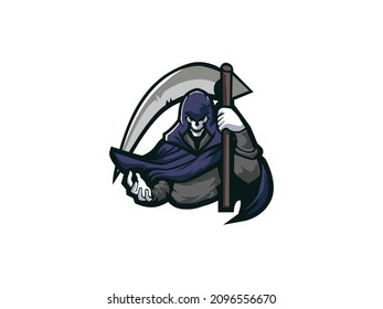 Grim Reaper Vector Logo. Death Skeleton Head Emblem, Gaming, E Sport, Badge, Game, Sport Team, Angel Of Death Mascot Illustration. Editable Eps Isolated