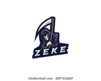 Grim Reaper Vector Logo. Death Skeleton Head Emblem, Gaming, E Sport, Badge, Game, Sport Team, Angel Of Death Mascot Illustration. Editable Eps Isolated