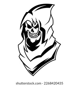 Grim Reaper Vector. Grim Reaper Skull Drawing Black And White Head Logo Vector Mascot template
