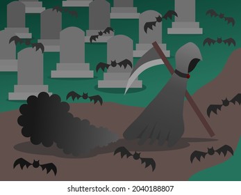 Grim reaper walking around graveyard