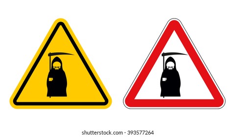 grim reaper warning sign of attention. Death Danger Yellow. demise on red triangle. Set of Road signs of man in the form of cloaked skeleton wielding a large scythe on white background
