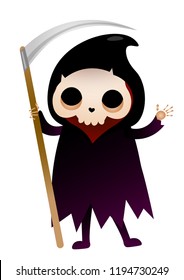 Grim Reaper waving hand and holding scythe. Death, skeleton, mythology. Halloween concept. Can be used for greeting cards, posters, leaflets and brochure