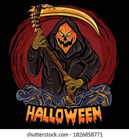 A grim reaper wearing Halloween mask comes out of a red hole vector