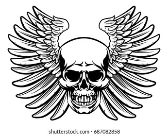 Grim reaper winged skull drawing in a vintage retro woodcut etched or engraved style