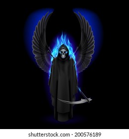 Grim Reaper with wings and blue flame on black