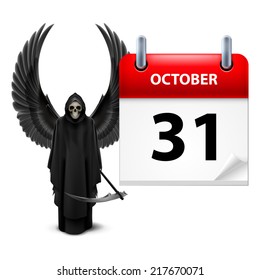 Grim Reaper with wings and calendar on 31th of October over white. Halloween concept