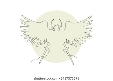 Grim reaper with wings and sword line art vector isolated on white background.