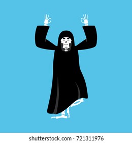 Grim reaper yoga. death yogi. skeleton in black cloak relaxation and cognition. Vector illustration
