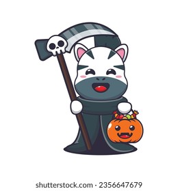 Grim reaper zebra holding scythe and halloween pumpkin. Cute halloween cartoon illustration. 