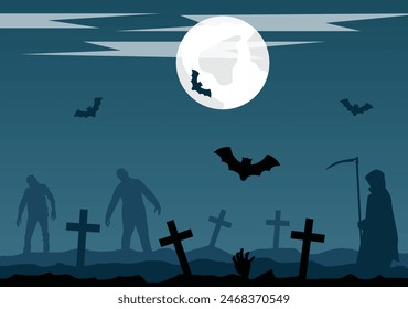 Grim Reaper and Zombie Silhouette in Full Moon Graveyard Flat Design. Halloween holiday and horror concept illustration