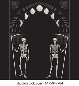 Grim Reapers with the scythes in front of the gothic arch with moon vector illustration. Hand drawn gothic style placard, poster or print design