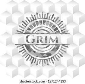 Grim retro style grey emblem with geometric cube white background