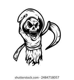 grim ripper with scary face and sickle on the back cartoon with hand draw vector vintage classic style