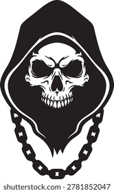 Grim skeleton portrait, street style clothing, metal link accessory, hooded phantom head, underworld boss.