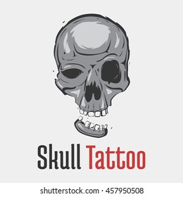 Grim skull tattoo with separated smiling jaw. Spooky and dangerous, dreadful and terrifying head of skeleton for emblem or mascot.