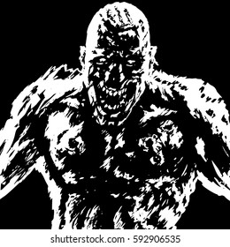 grim zombie attack black and white color vector illustration