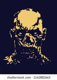 Grim zombie face. Horror genre. Blue background color. Vector illustration.