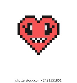 Grimacing face with big eyes vector illustration. Pixel style nervousness heart emoji. 90s style heart shaped emoticon. Vintage love emoticons design. Pixelated retro game 8 bit design illustration.