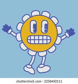 Grimacing face eyes retro chamomile flower emoji smile. Sad vintage 50s 60s 70s style retro flower naive emoticon. Worn effect texture. Vector cartoon funny hero with eyes, mouth, hands, legs image