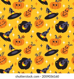 Grimacing halloween pumpkins. Halloween pattern for fabric, wrapping, textile, wallpaper, apparel.  Vector.