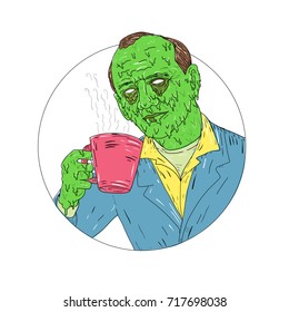 Grime art style illustration of an Asian Dude gentleman Drinking Coffee set inside circle on isolated backgound.