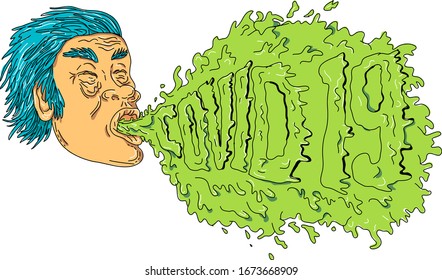 Grime art style illustration of a man with coronavirus, COVID-19 or 2019-nCoV, coughing or sneezing and spreading the virus infection on isolated white background