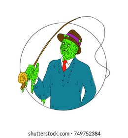 Grime art style illustration of a mobster fisherman wearing suit and tie and fedora hat holding a fly rod reel set inside circle.