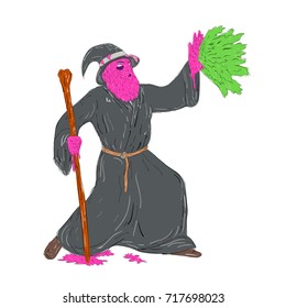 Grime art style illustration of a Wizard sorcerer holding wooden staff Casting Spell on hand splat on isolated background.