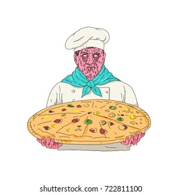 Grime art style illustration of a Zombie Chef cook or baker wearing toque hat Holding Pizza Pie viewed from front on isolated background.