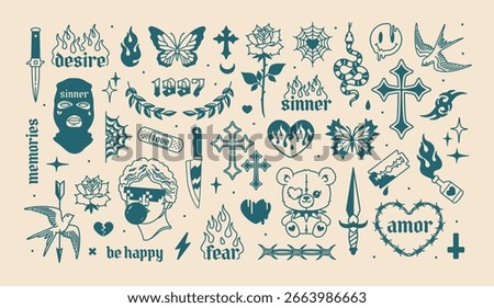 Grime theme and Gothic Tattoo Art and Y2k Fashion elements set in 2000s style. Y2k temporary Gothic tattoo designs - vector collection. Gothic Cross, butterfly, love, etc. Crime style fashion elements