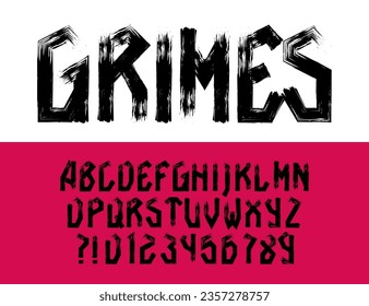 Grimes alphabet font. Distressed uppercase letters and numbers. Vector typescript for your typography design.