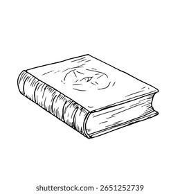 Grimoire, livro de feitiçaria feitiçaria, esboço em preto e branco. Ilustração vetorial. Livro mágico, livro grosso, isolado no fundo. Temas de magia, bruxaria e Halloween, biblioteca da escola