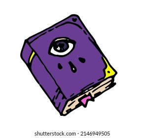 Grimoire is an icon of a purple book with an open eye. an icon of a witch book with spells, with an eye on the cover in purple, hand-drawn in the style of a doodle, isolated on a white Wiccan template