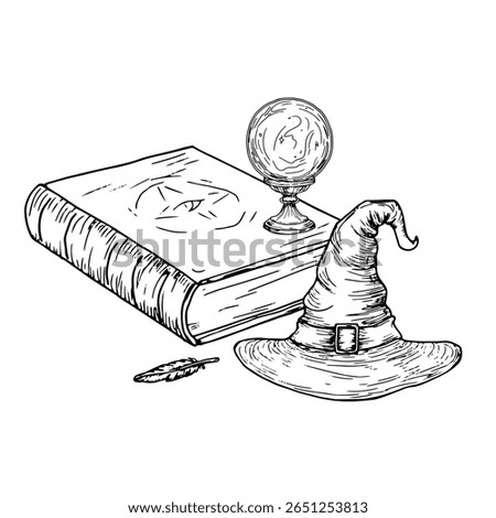 Grimoire and magic crystal ball, witch's hat, black and white ink sketch. Vector illustration. A mystical Halloween entourage, isolated on a white background. The theme of magic and witchcraft
