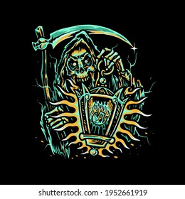 Grimreaper with lantern, grimreaper vector illustration, lantern vector, editable vector graphic