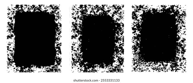 Grimy grunge background black color paint roungh distress textured. Black watercolor painted design on white background. Full frame retro style dirt banner grainy effect. Black and white grunge frame