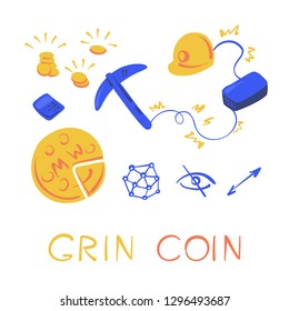 Grin Coin. Set of mining cryptocurrency. pickaxe, helmet, money, video card