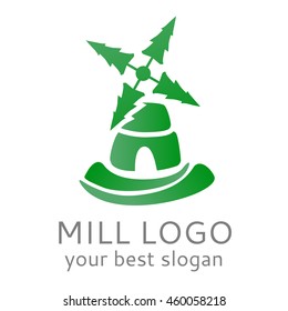 grin mill  and spruce logo, windmill with fir tree logotype
