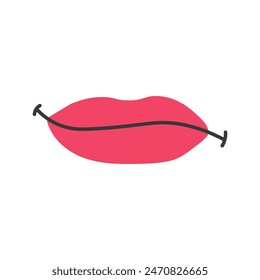 Grin mouth facial expression sign. Red woman lip emotion. Curved mouth. Isolated vector illustration. Hand drawn cartoon style