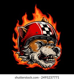 Grin Wolf mit Retro Vintage Helm Vektorgrafik