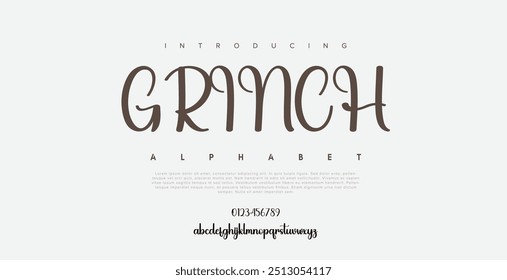 Grinch Letras de lujo del alfabeto de la boda con colas. Tipografía elegante letras clásicas Fuentes serif y número decorativo concepto retro vintage para la marca del logotipo. Ilustración vectorial