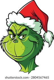 Grinch wearing Santa hat with scowling expression