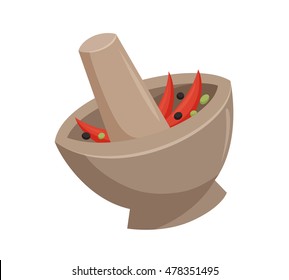Grind the curry paste in a mortar. Traditional thailand cooking process vector illustration. Kitchenware and utensils isolated on white. Mix seasonings or herbs