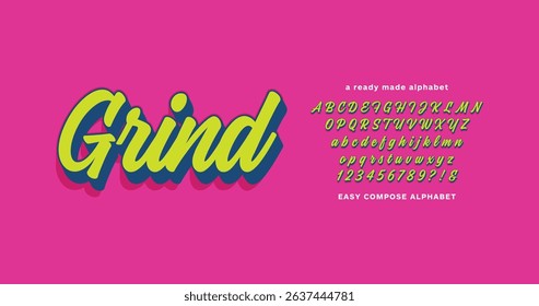 Grind: Stylish typography composite alphabet. Easy use design font. Vector display letters typeface.