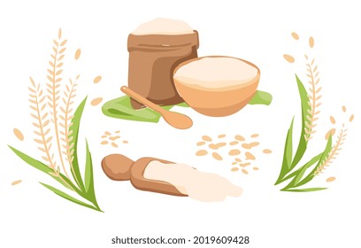 Grind wheat concept. High quality flour from wheat grains. Ears of grain and bag with secondary product. Design elements for infographics. Cartoon flat vector illustration isolated on white background