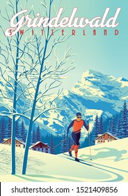 Grindelwald Travel Poster with with skier int the first plan, houses, forest and mountains in the background. Handmade drawing vector illustration.