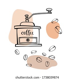 Grinder and coffee beans. Hand drawn line art sketch. Black and white vector illustration on colourful blobs background.
