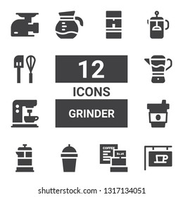grinder icon set. Collection of 12 filled grinder icons included Coffee, French press, Coffee machine, Mixer, Meat grinder