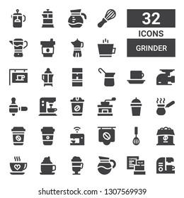 grinder icon set. Collection of 32 filled grinder icons included Coffee maker, Coffee, Irish coffee, Mixer, machine, Cezve, grinder, Meat French press