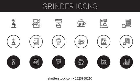 grinder icons set. Collection of grinder with coffee, coffee maker. Editable and scalable grinder icons.